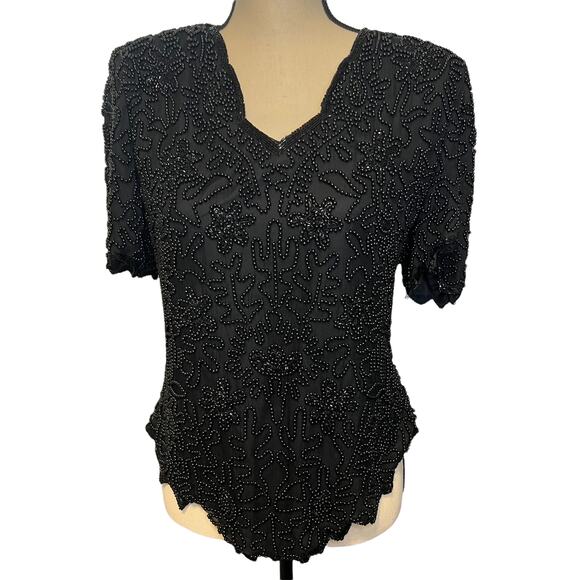 Laurence Kazar Tops - Vintage Laurence Kazar New York Black Beaded V Neck Short Sleeve silk xl Top